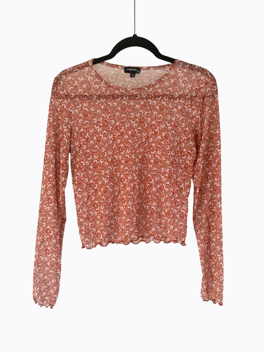 Originality Rust Sheer Floral Mesh Top M Ruffle Lettuce Trim Y2K Whimsigoth USA